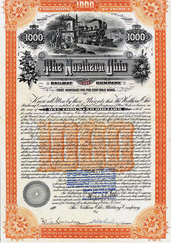 Stock Certificate of the Northern Ohio Railway 1895